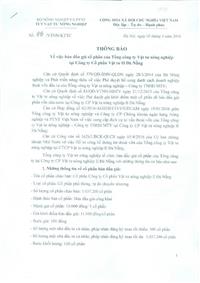 Thông báo về việc bán đấu giá cổ phần của Tổng cty Vật tư nông nghiệp tại Công ty cổ phần vật tư II Đà Nẵng (Kèm theo phụ lục}